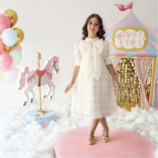 صورة فستان بناتي نقشة مورد بفيونكة | تصميم فاخر للمناسبات - 1015